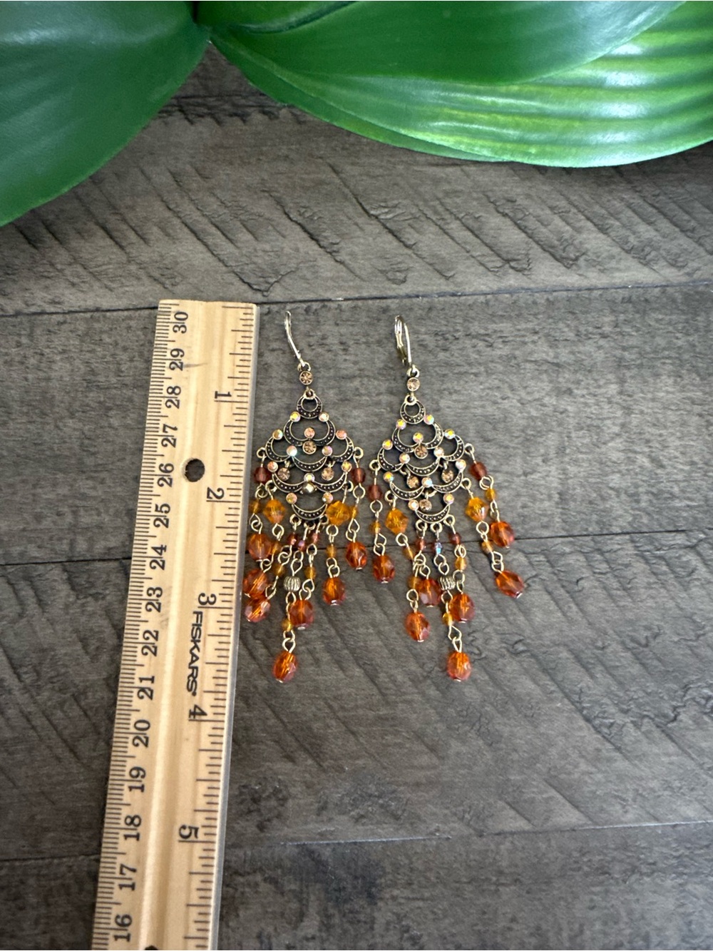 Gold-tone Orange Beaded Chandelier Earrings - Picture 2 of 6